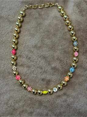 Gold Bead Necklace with Multicolor Flower Accents - Women Jewelry